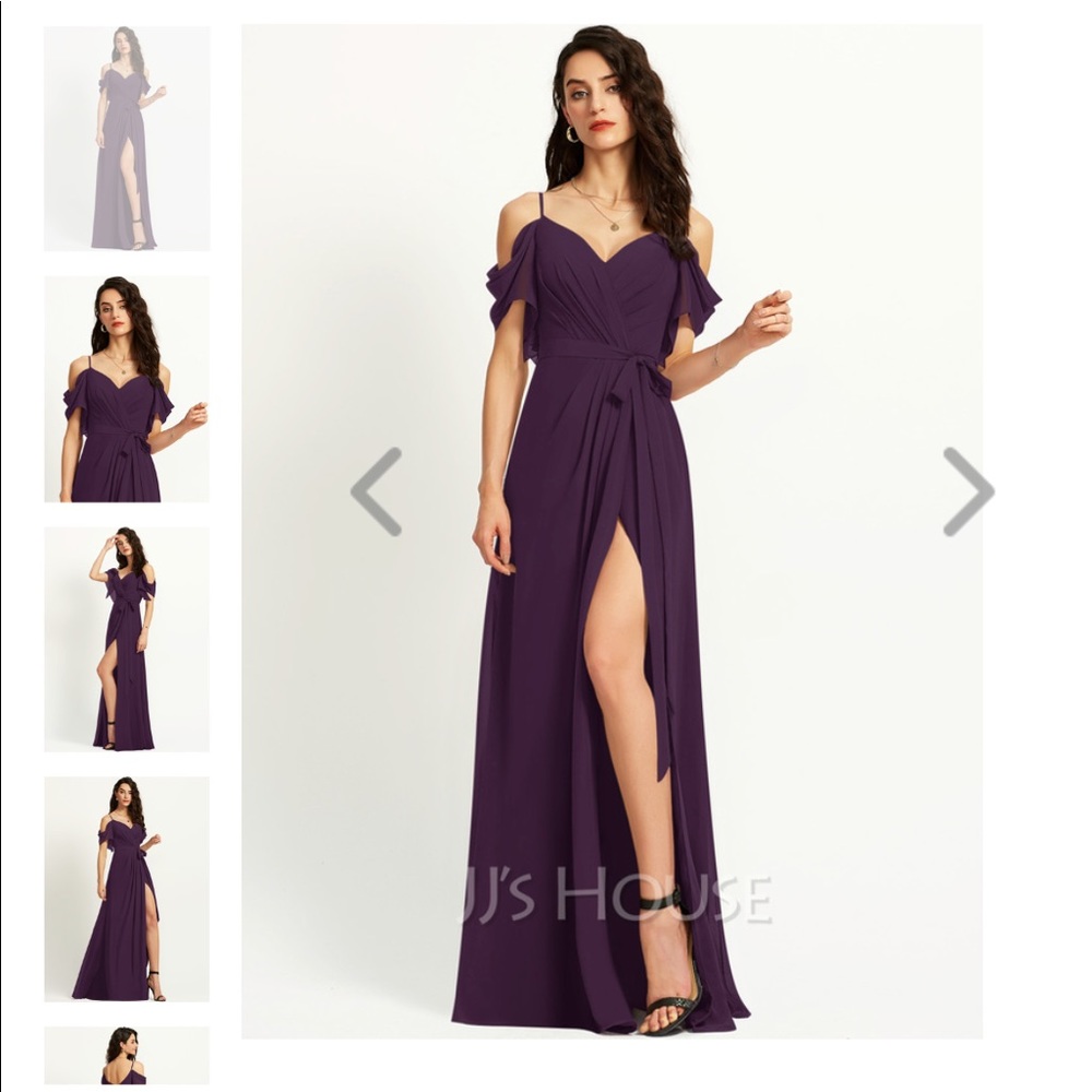 NEVER WORN - A line V-neck floor length dress with ruffle split front color plum